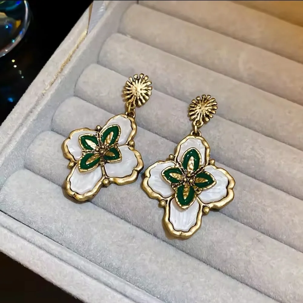 Vintage Gold & White Enamel Floral Drop Earrings with Green Accents - Picture 7 of 8